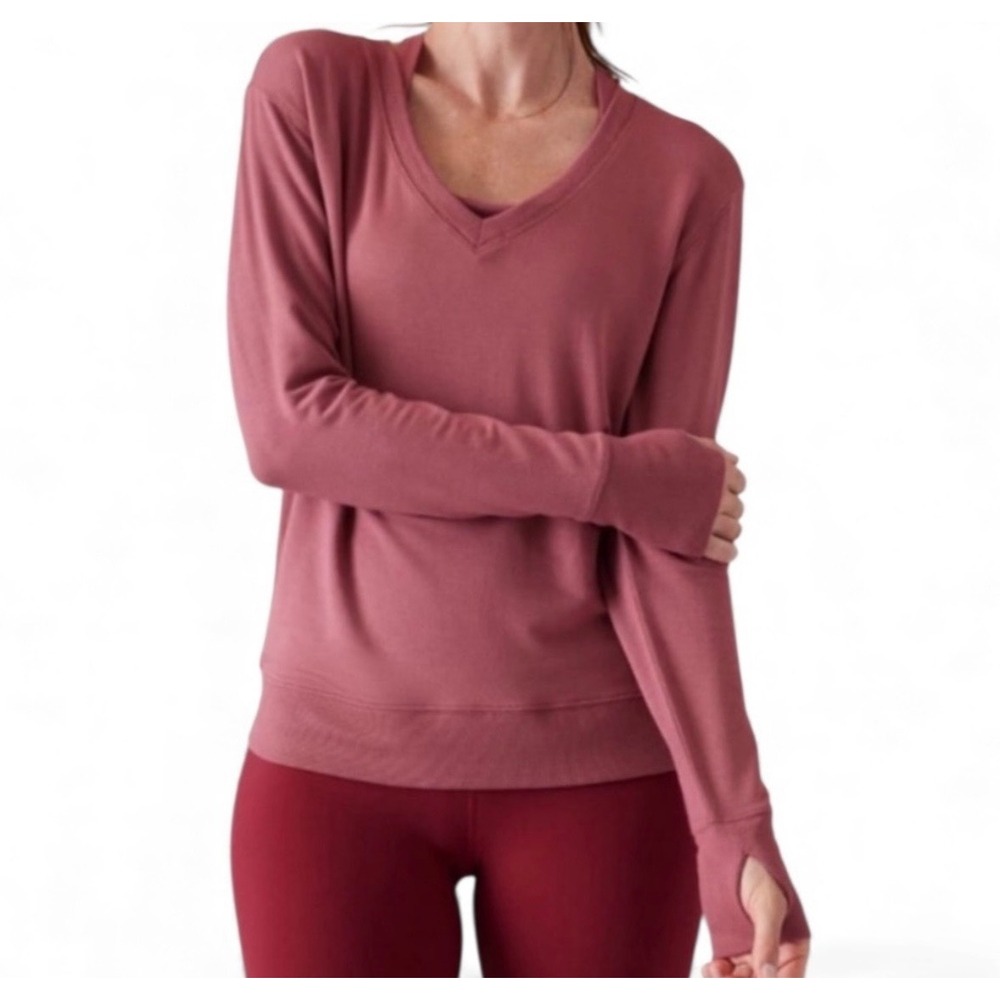 Athleta Sunrise V-Neck Sweatshirt Red Pink Large‎ Cozy Workout Athleisure